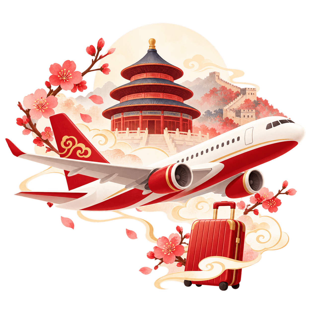 飛行機と中国の建築物の旅行中国語アイコン