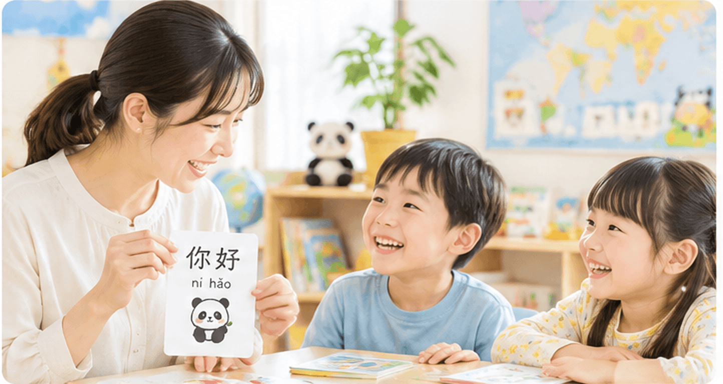 そらいろ親子中国語教室で中国語を学ぶ子どもたちと先生