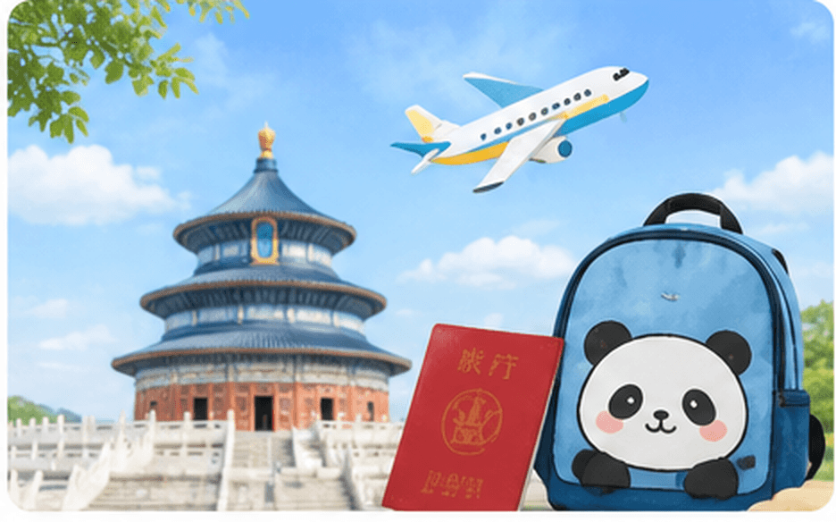 中国への旅と異文化体験を表すパンダのリュックと飛行機